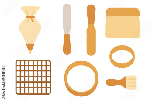Set of essential kitchen utensils and equipment for baking and pastry preparation