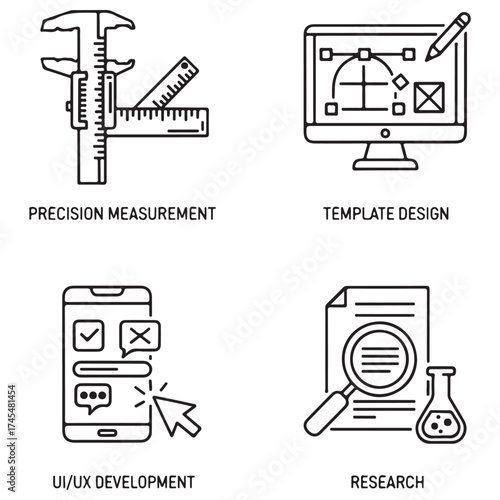 Set of Line Icons Representing Precision, Design, Development, and Research Concepts