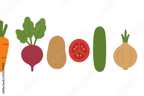 Fresh organic produce assortment: carrot, beet, potato, tomato, cucumber, and onion