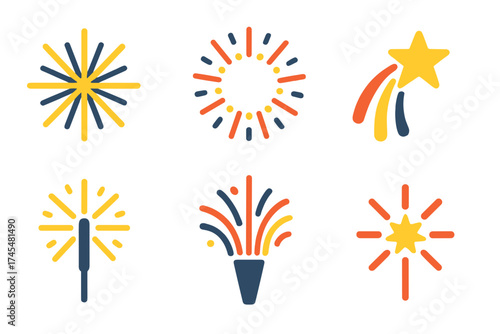 Abstract collection of colorful celebratory icons including fireworks, sparklers, and shooting stars