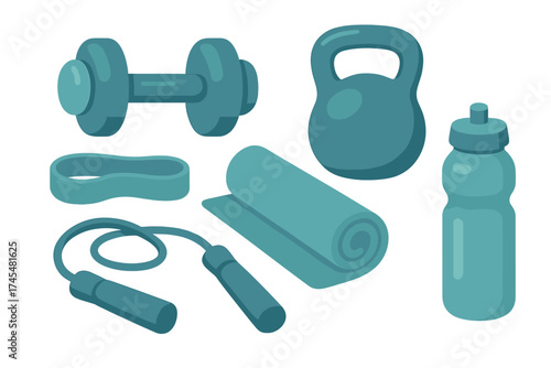 Set of fitness equipment including dumbbell, kettlebell, yoga mat, jump rope, resistance band, and water bottle