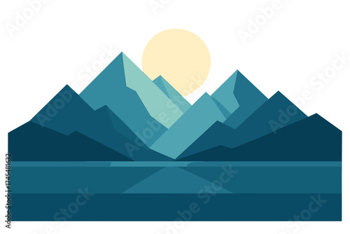 Minimalist geometric landscape with sharp mountain peaks reflected in a calm lake under a large sun