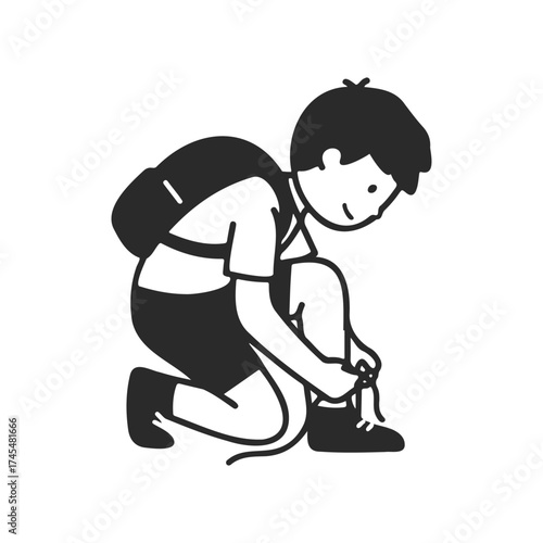 Cartoon illustration of boy tying shoe laces with backpack