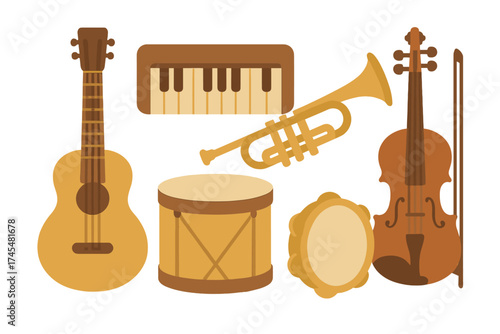 Collection of diverse musical instruments including string, brass, percussion, and keyboard types