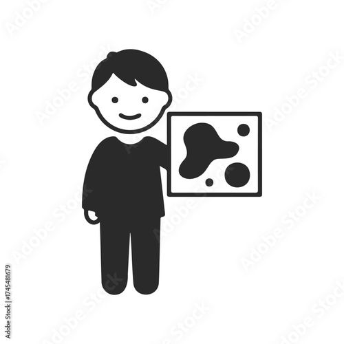 Child holding artpiece: monochrome illustration of young artist with abstract painting