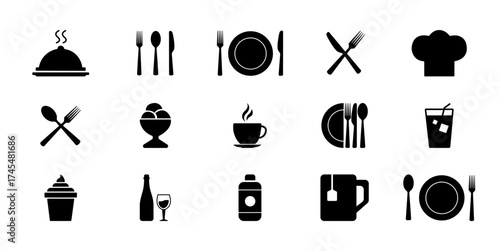Food icons set, plate, fork, knife and spoon, set logotype menu, cutlery icon, tableware sign, catering icons, restaurant signs.