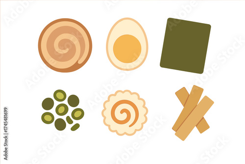 Traditional Japanese ramen ingredients set including chashu pork, boiled egg, nori, and narutomaki