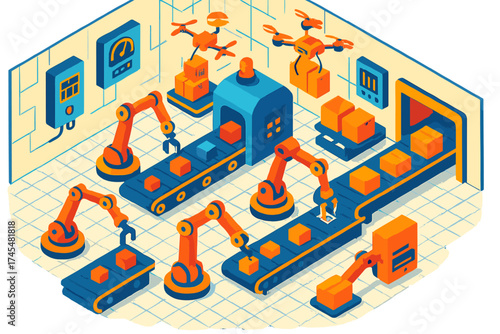 Advanced industrial automation system featuring robotic arms, conveyor belts, and delivery drones handling logistics