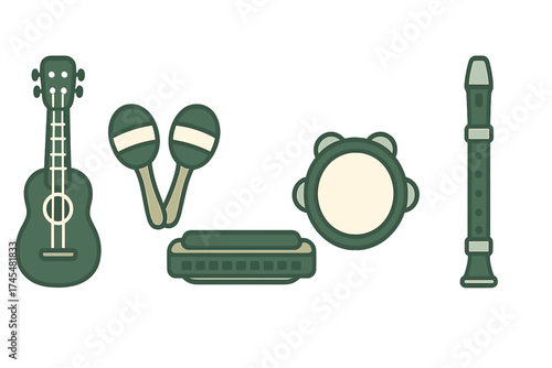Collection of acoustic musical instruments including ukulele maracas and harmonica