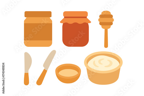 Jars of peanut butter, fruit jam, and honey with dipper, butter spread, and knives