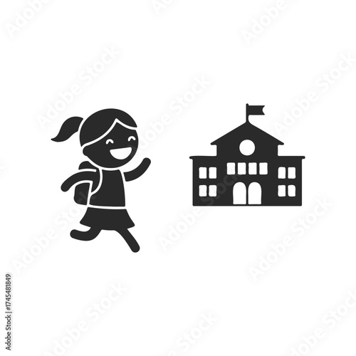Silhouette of happy asian female child walking to school