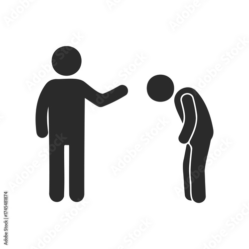 Simple black and white icon depicting one person scolding another with bowed head gesture