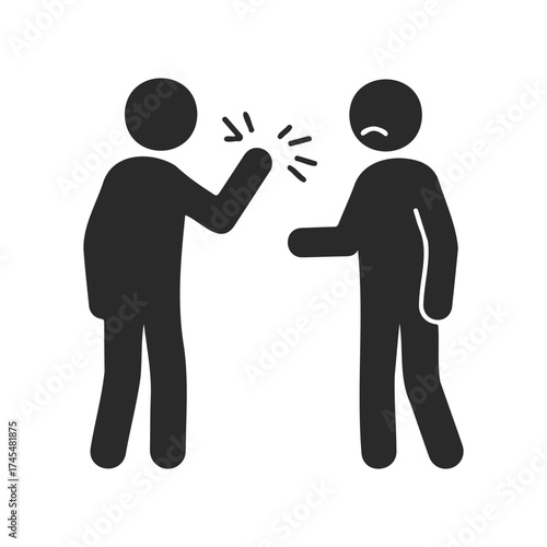 Simple black and white icon of two figures in conflict and resolution