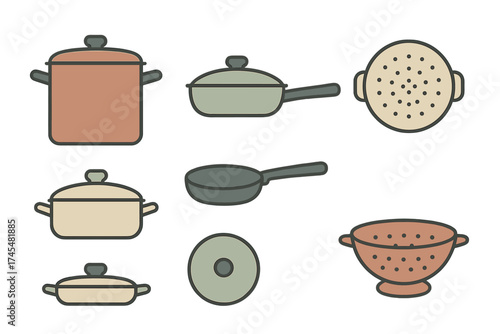 Collection of essential kitchen cookware and utensils including pots, pans, and strainers