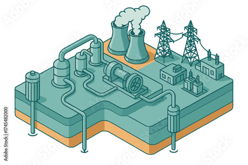 Isometric view of an industrial power plant facility showing energy production and distribution infrastructure