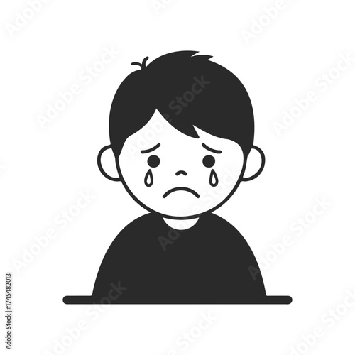 Sad young caucasian male child crying in minimalist black and white illustration