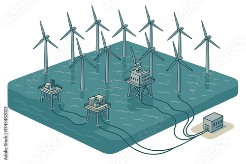 Offshore wind farm generating renewable energy connected to substations and onshore power station