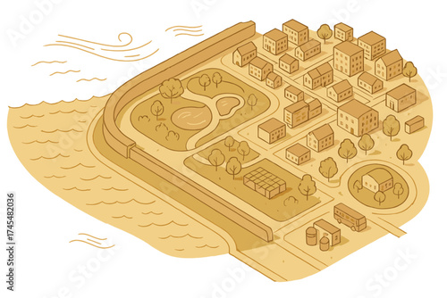 Isometric map view of a coastal town protected by a large flood defense wall and seawall structure