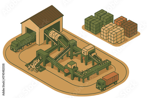 Isometric industrial facility processing raw materials with conveyor belts and heavy machinery