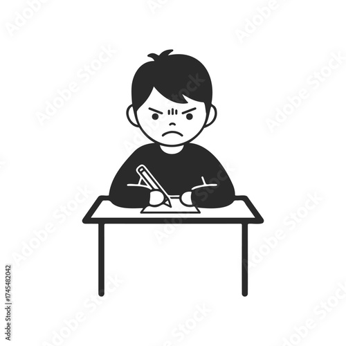 Cartoon of angry young male student writing at desk with pen and paper