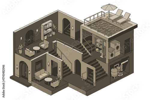 Isometric cross section of a modern apartment building structure showing rooms and amenities