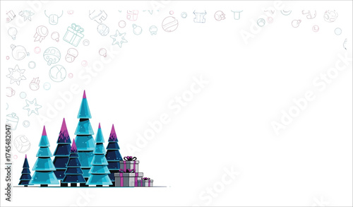 Festive winter scene with stylized christmas trees and gift presents