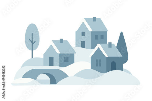Minimalist winter townscape with houses, trees, and an arched bridge covered in snow
