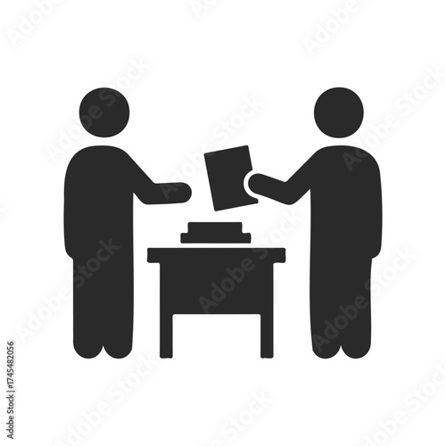 Two figures voting at ballot box icon on white background