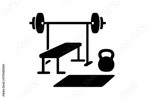 Essential gym equipment setup including weight bench barbell rack kettlebell and exercise mat