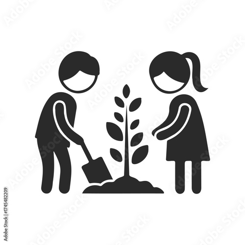Silhouette of children planting a tree together on a white background