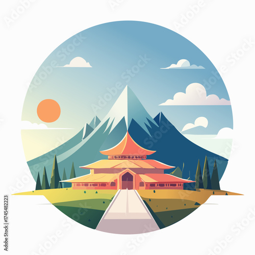 Mountain temple landscape with sun and clouds