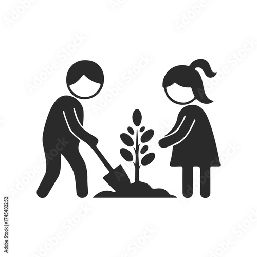 Children planting tree together - black silhouette on white background