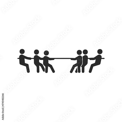 Silhouette of team tug-of-war competition with stick figures on white background