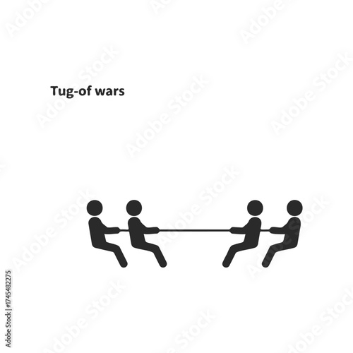 Minimalist icon of tug-of-war game with stick figures on white background
