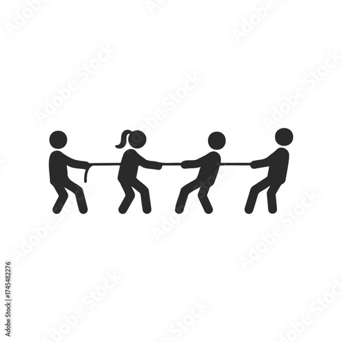 Stick figures playing tug of war on white background