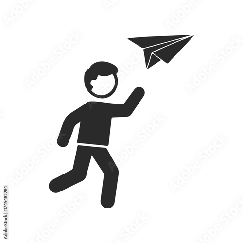 Stick figure child playing with paper airplane icon in black and white