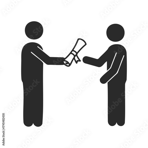 Silhouette of two figures exchanging a certificate or diploma