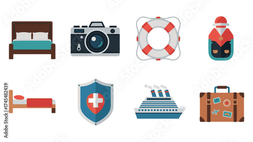 Collection of Flat Design Icons for Travel, Tourism, and Holiday Concepts