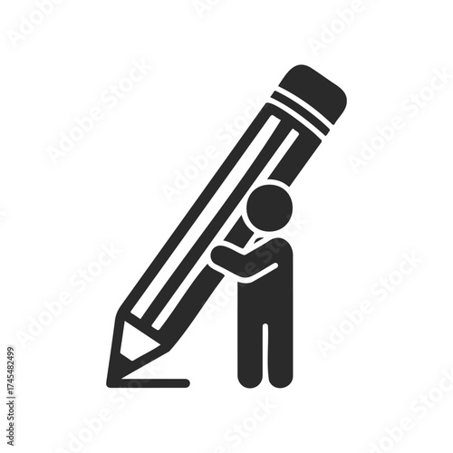 Minimalist icon of person holding giant pencil for creativity and ideas