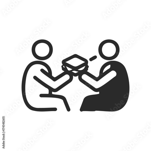 Two figures exchanging a box icon on white background