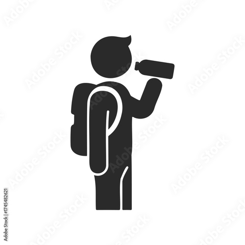 Silhouette of person drinking water with backpack icon