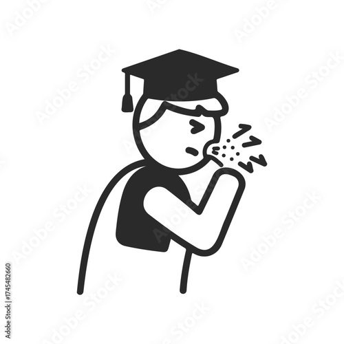 Pictogram of graduate coughing into elbow for health awareness