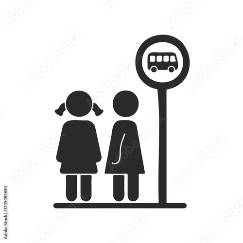 Silhouettes of children waiting at bus stop icon