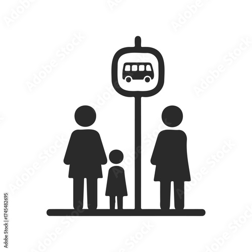 Family waiting at bus stop silhouette: two adults and one child illustration
