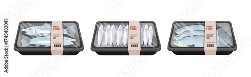 Packaged Fish Display. Fresh Whole Fish in Plastic Trays. Assorted Packaged Fish Products. Ready to cook fish product.