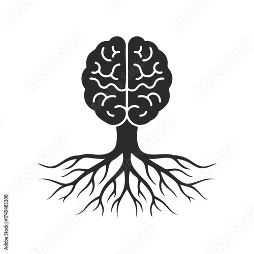 Black brain tree with roots symbolizing knowledge and growth