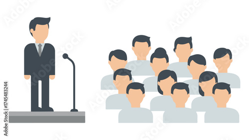 Flat Design Icon of a Speaker Addressing an Audience at a Public Event
