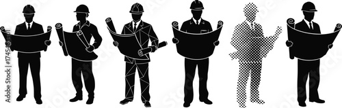 Architect and engineer silhouette vector set with six blueprint poses, geometric styles, construction planning, formal attire, and design roles