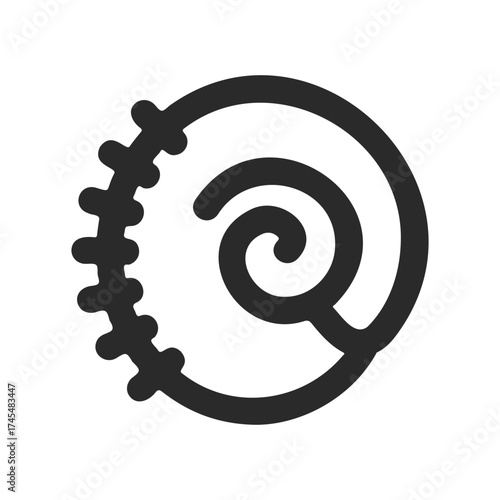 Spiral nautilus shell icon with stitching details in black and white