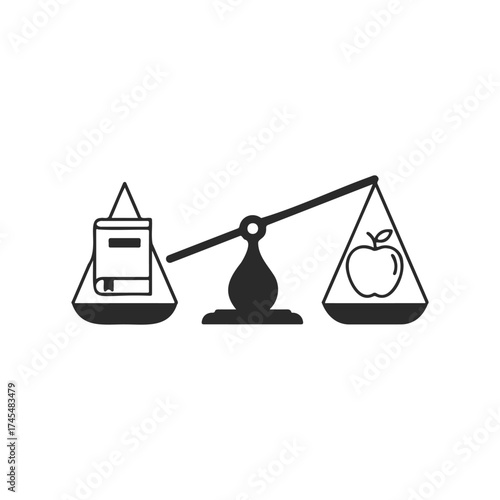 Balanced trade-off: books and apple on a scale illustration